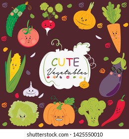 set of twelve cute vegetables in flat style.Vector illustration with pumpkin, cucumber, tomato, pepper, radish, onion, broccoli, garlic, cabbage, carrot, eggplant, corn.Eat vegetables for fun backgrou