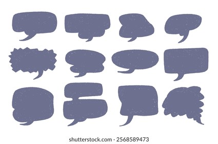 Set of twelve dark gray textured speech bubbles in various shapes and sizes on isolated background. Chats collection vector illustration