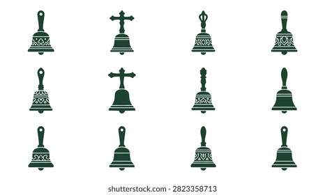 Set of twelve dark green bell icons in a grid on a white background, featuring diverse designs including church bells with crosses, traditional hand bells, and ornate ritual patterns.