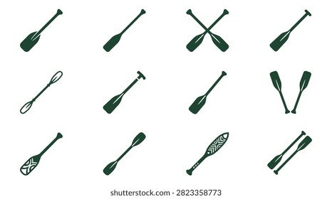 Set of twelve dark green boat paddle and oar silhouettes on a white background, featuring various designs including single oars, crossed paddles, kayak blades, and tribal decorative patterns.
