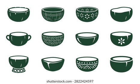 A set of twelve dark green vector icons featuring various bowl designs including traditional coconut shell cups, patterned ceramic dishes with floral and geometric engravings on white background.
