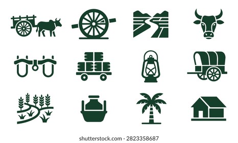 Set of twelve dark green vector icons featuring traditional agricultural symbols including bull carts, wooden wheels, paddy fields, livestock, farming tools, and rural village architecture.