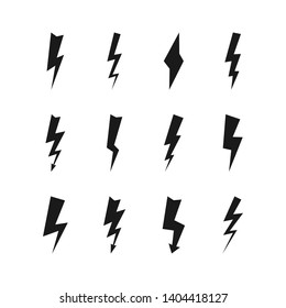 Set of twelve dark thunderstorms. Thunderbolt and high voltage black icons on white background. Vector illustration.