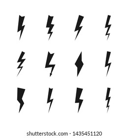 Set of twelve dark thunderstorms. Thunderbolt and high voltage black icons on white background. Vector illustration.