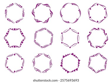 Set of twelve decorative frames with wavy lines, dots and hearts. Round borders in lilac color. Holiday frames for Valentine's Day or wedding. Vector circle pattern made of decorative elements.