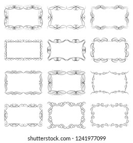 Set of twelve decorative vintage horizontal frames with the place for your text in center. Vintage ornament greeting card template. Vector illustration.
