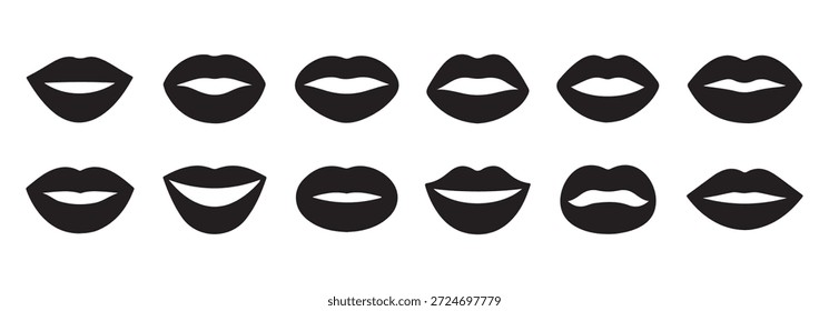 Conjunto de doze diferentes formas de lábio preto várias expressões faciais ícones vetoriais isolados