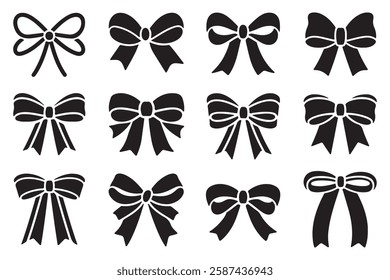 A set of twelve different black ribbon bow shapes, perfect for decorative or design purposes.