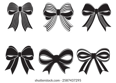 A set of twelve different black ribbon bow shapes, perfect for decorative or design purposes.