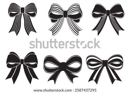 A set of twelve different black ribbon bow shapes, perfect for decorative or design purposes.