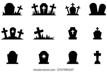 A set of twelve different black silhouette icons representing various tombstone shapes, crosses, and grave markers, perfect for Halloween or memorial themes.