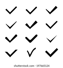 Set of twelve different black and white vector check marks or ticks. Vector illustration.