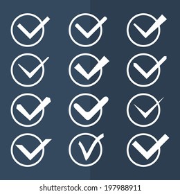 Set of twelve different black and white vector check marks or ticks in circle. Vector illustration.