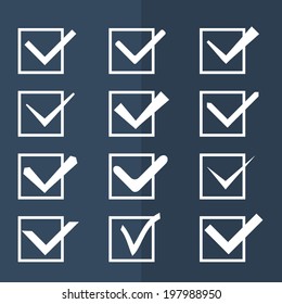 Set of twelve different black and white vector check marks or ticks  in boxes. Vector illustration.
