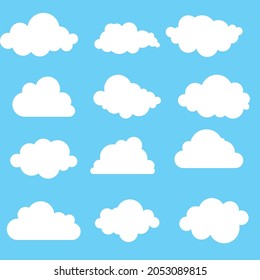 Conjunto de doce nubes diferentes sobre el vector de fondo azul