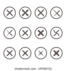 Set of twelve different gray vector check marks or ticks in circle. Vector illustration.