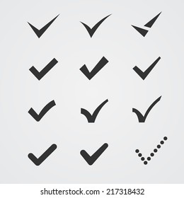 Set of twelve different grey vector check marks or ticks in boxes conceptual of confirmation acceptance positive passed voting agreement true or completion of tasks on a list