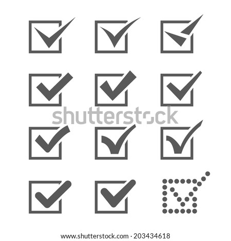 Set of twelve different grey vector check marks or ticks in boxes conceptual of confirmation acceptance positive passed voting agreement true or completion of tasks on a list