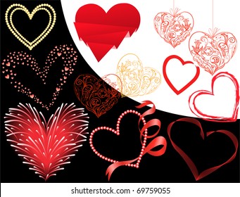set of twelve different hearts on a black and white background