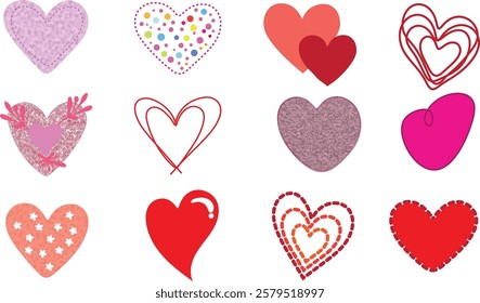 A set of twelve different illustrated hearts arranged in four rows of three hearts each.