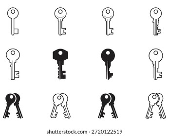 Conjunto de doce iconos y siluetas clave diferentes, incluidos estilos de contorno y sólidos, para conceptos de seguridad y acceso.