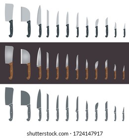 Set of twelve different knives and hatchets for slicing, cutting and chopping. Simple flat design version, gradient metallic blades, icons silhouettes.