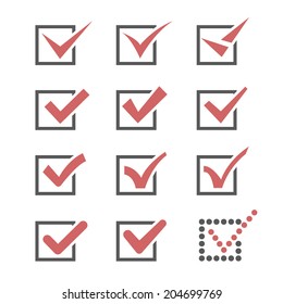 Set of twelve different red vector check marks or ticks in boxes conceptual of confirmation acceptance positive passed voting agreement true or completion of tasks on a list