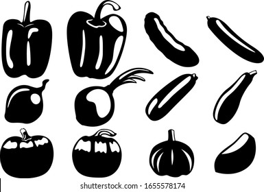 A set of twelve different vegetables. Pepper, zucchini, onion, cucumber, zucchini, garlic, etc. Vector illustration.