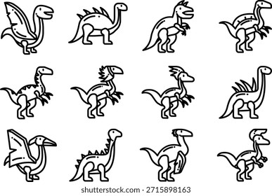 Conjunto de doze ilustrações de dinossauros isoladas sobre fundo transparente