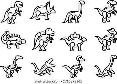 Set of twelve dinosaur illustrations isolated on a transparent background