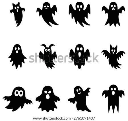 A set of twelve distinct black ghost shapes and silhouettes perfect for Halloween decorations, party invitations, or any spooky themed graphic design project. Simple and versatile.