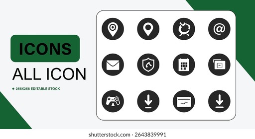 A set of twelve distinct black and white icons, suitable for various digital interfaces and applications.