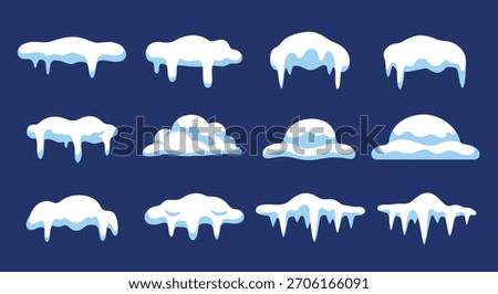 A set of twelve distinct cartoon illustrations depicting various snow formations and icicles, ideal for winter-themed designs.