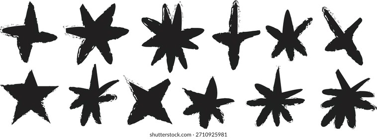 Un conjunto de doce íconos de estrellas negras dibujados a mano que presentan conteos de puntos variados y estilos de pinceladas ásperas y expresivas, perfectas para acentos de Diseño gráfico.