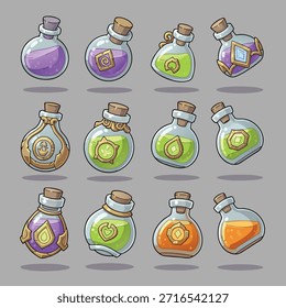 Un conjunto de doce botellas de poción distintas, cada una con Formas, colores y Elementos mágicos únicos, presentados sobre un fondo neutro.