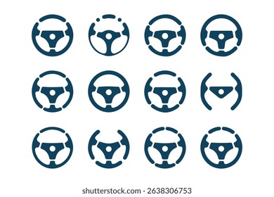 A set of twelve diverse car steering wheel icons, showcasing various styles and designs.
