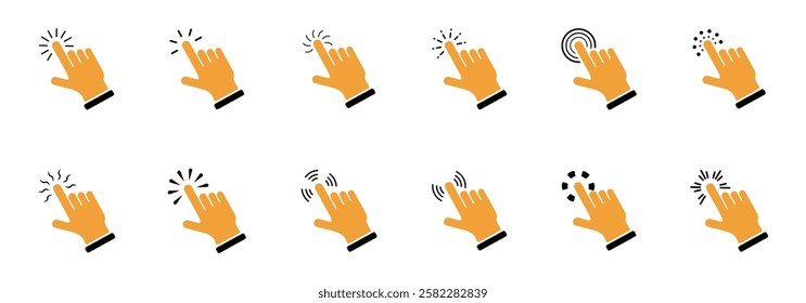 set of twelve diverse hand gesture icons representing various digital interaction methods.