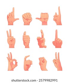 Set of twelve diverse hand gestures isolated on white background in various positions, expressing different emotions and meanings