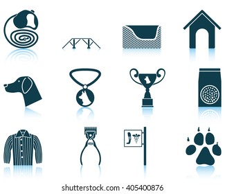 Set of twelve dog breeding icons with reflections. Vector illustration.