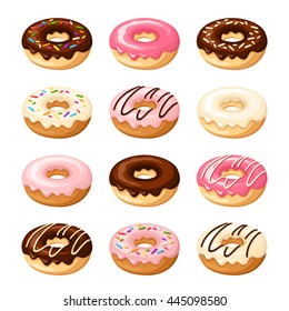 Set of twelve donuts with white, pink and chocolate glaze and sprinkles isolated on a white background. Vector illustration.