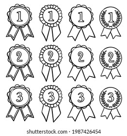 Un conjunto de doce medallas de doodle para el primer, segundo y tercer lugar en la competencia. Ilustración vectorial en blanco y negro. Iconos dibujados a mano.