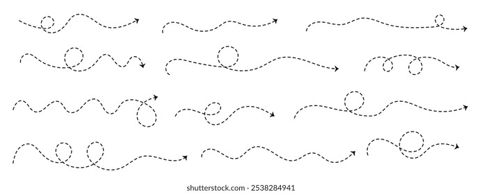 Conjunto de doze setas de rota pontilhadas mostrando diferentes caminhos de avião, desde looping até trajetórias onduladas. Traçado editável