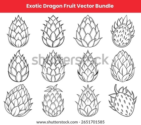 Set of twelve dragon fruit outlines. Various angles and cross-sections are shown. Perfect for coloring books, crafting, scrapbooking, design projects, and creative endeavors.