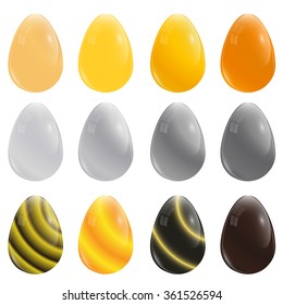 A set of twelve eggs. Gold, silver and chocolate color. Bright glossy Easter eggs. The Christian holiday of Easter. Vector illustration.