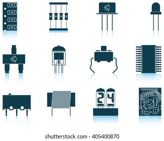Set of twelve electronic components icons with reflections. Vector illustration.
