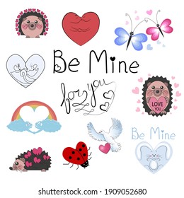 A set of twelve elements drawn for Valentine's Day and Wedding Day - hearts, animals and lettering. Stock vector illustration in cartoon style isolated on white background.