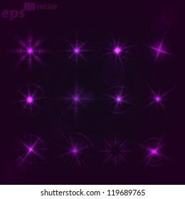 Set of twelve eps10 vector lens flares with bokeh effect over violet background