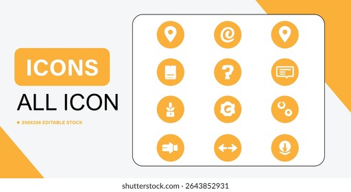 A set of twelve essential white icons displayed on gold circles, perfect for various design projects.