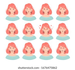 Set of twelve female face emoticons with an attractive redhead woman showing a variety of emotions and expressions isolated on white, vector illustration