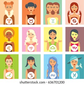 Set of twelve female portraits as a zodiac signs